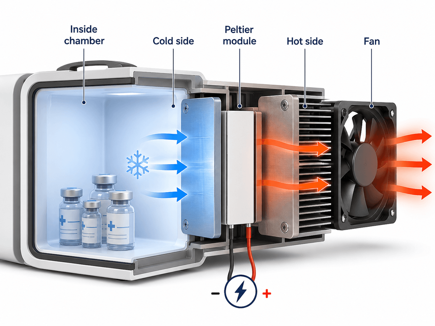 Cutaway diagram of the DB90's thermoelectric cooling system showing the inside chamber with vials, cold side plate, Peltier module, hot side heat sink, and exhaust fan