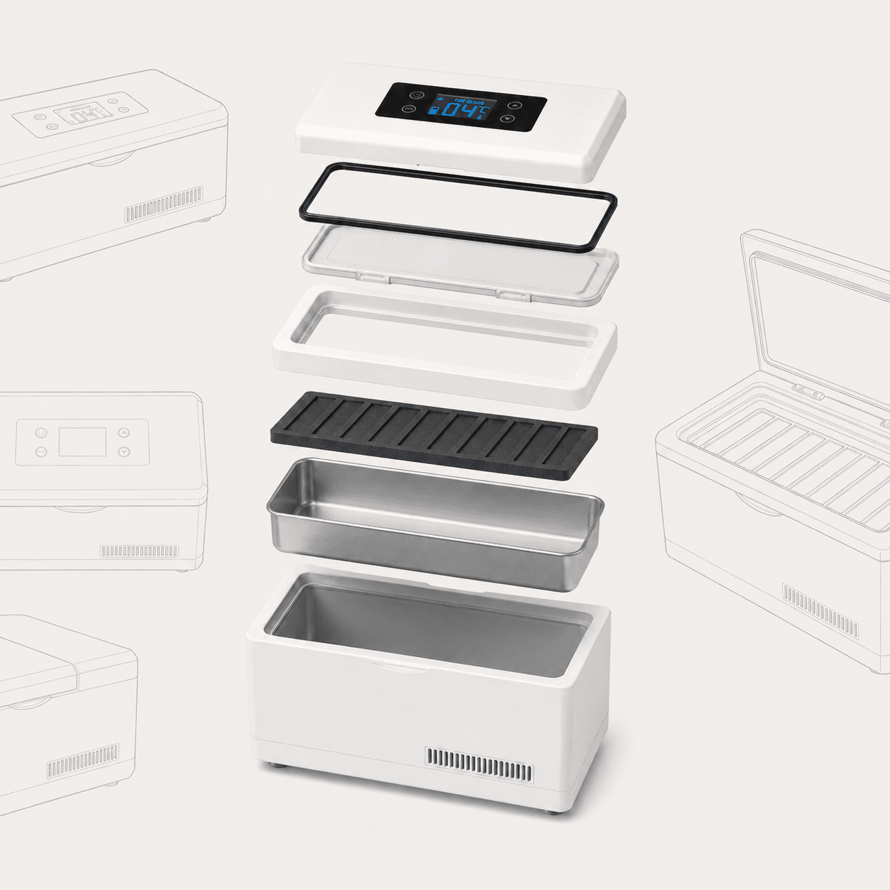 Exploded technical view of the DB90 showing its layered construction: digital display lid, gasketed seal, ventilation grille, vial tray, and Peltier-cooled aluminum chamber